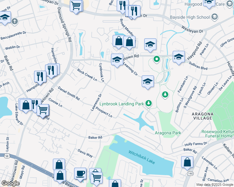 map of restaurants, bars, coffee shops, grocery stores, and more near 5524 Gosling Court in Virginia Beach