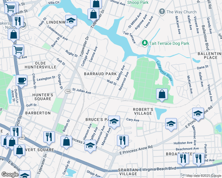 map of restaurants, bars, coffee shops, grocery stores, and more near 2213 Reservoir Avenue in Norfolk