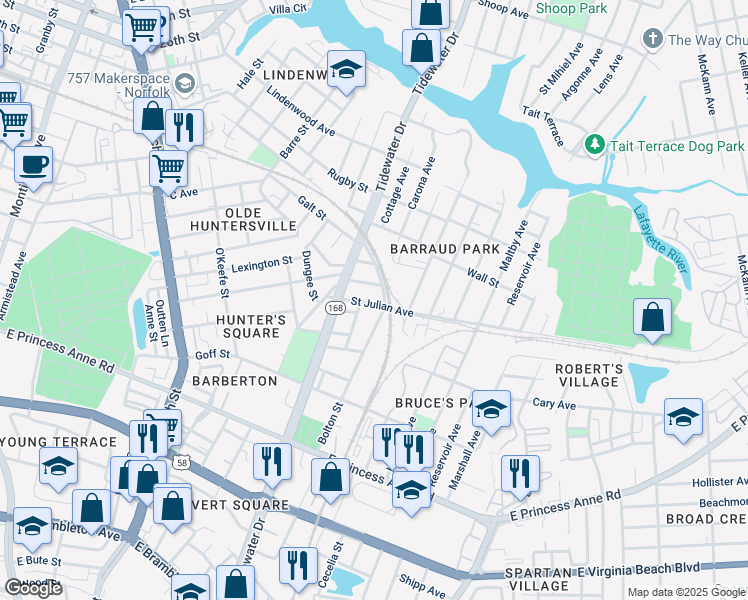 map of restaurants, bars, coffee shops, grocery stores, and more near 960 Gordon Street in Norfolk