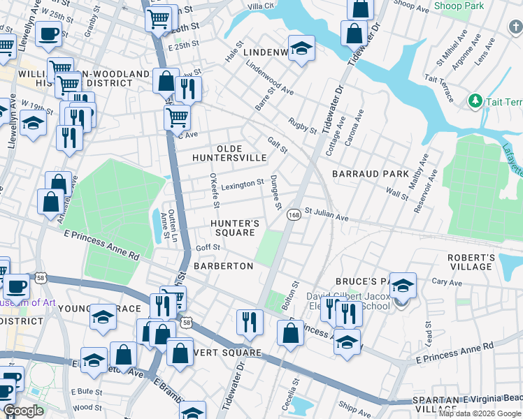 map of restaurants, bars, coffee shops, grocery stores, and more near 886S Johnson Avenue in Norfolk
