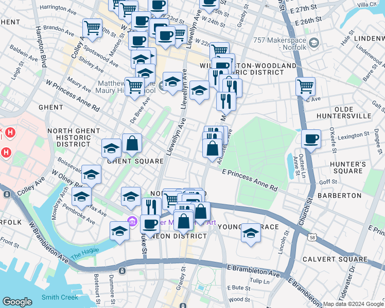 map of restaurants, bars, coffee shops, grocery stores, and more near 1216 Prince Edward Way in Norfolk