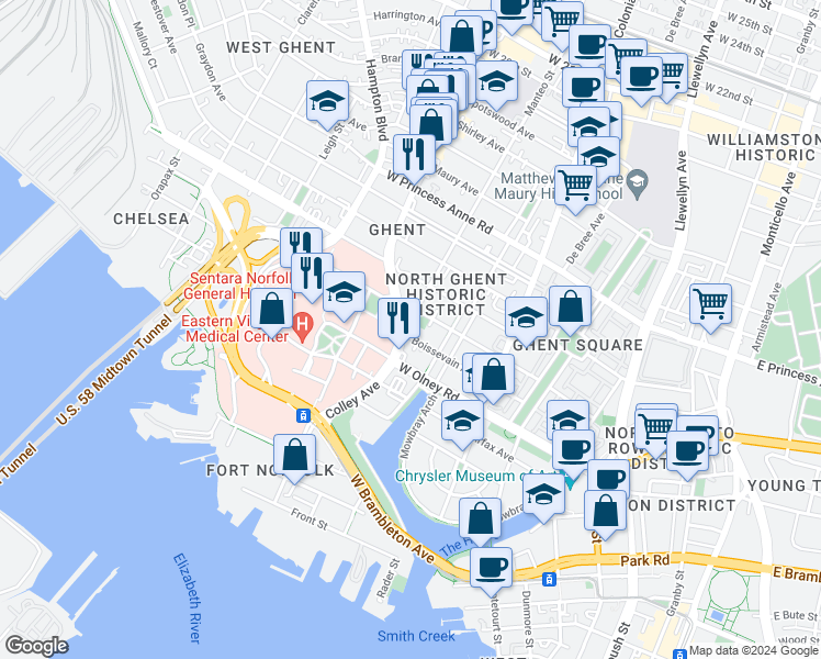map of restaurants, bars, coffee shops, grocery stores, and more near 617 Boissevain Avenue in Norfolk