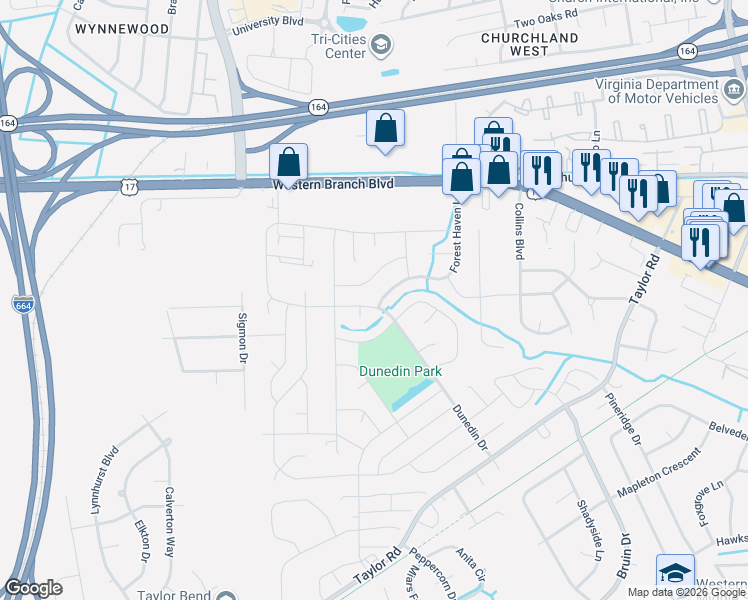 map of restaurants, bars, coffee shops, grocery stores, and more near 3501 Forest Haven Lane in Chesapeake