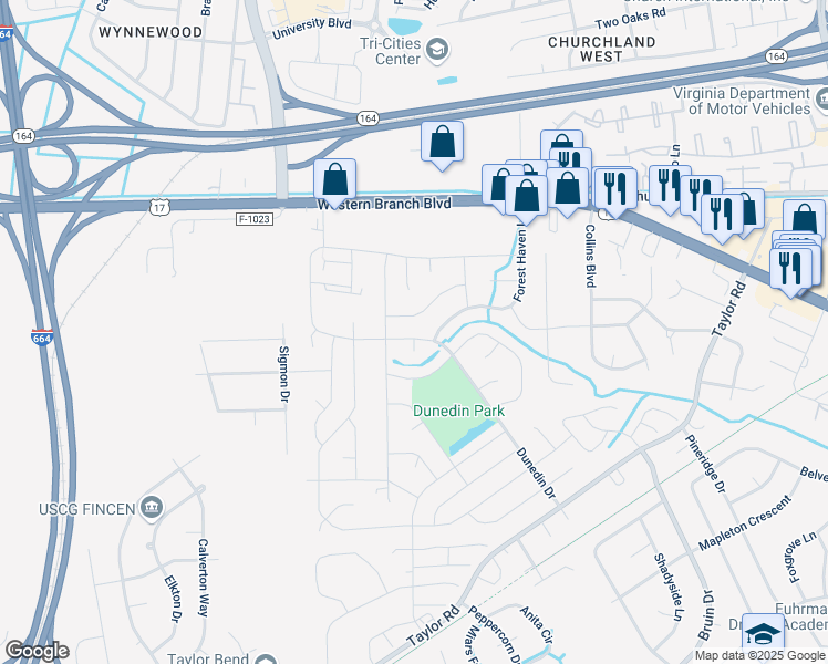 map of restaurants, bars, coffee shops, grocery stores, and more near 3420 Dunedin Drive in Chesapeake