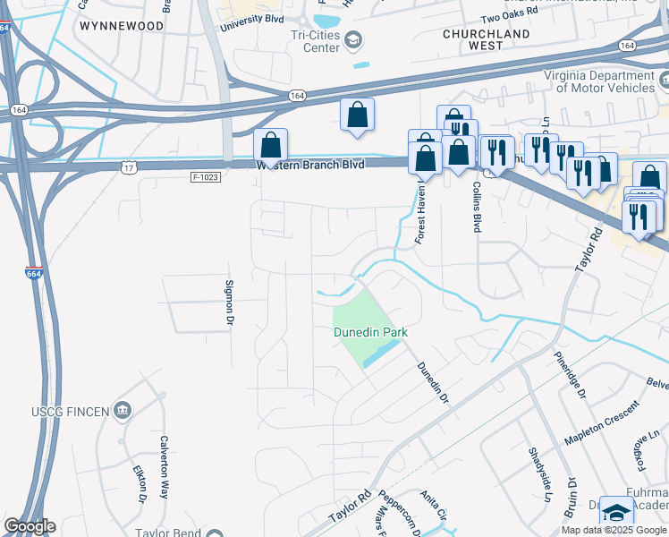 map of restaurants, bars, coffee shops, grocery stores, and more near 3420 Dunedin Drive in Chesapeake