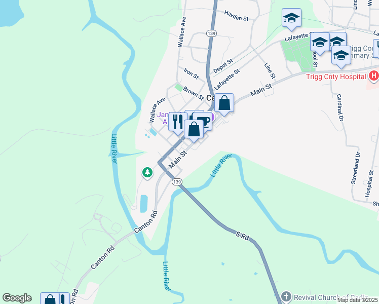 map of restaurants, bars, coffee shops, grocery stores, and more near 13 Main St in Cadiz