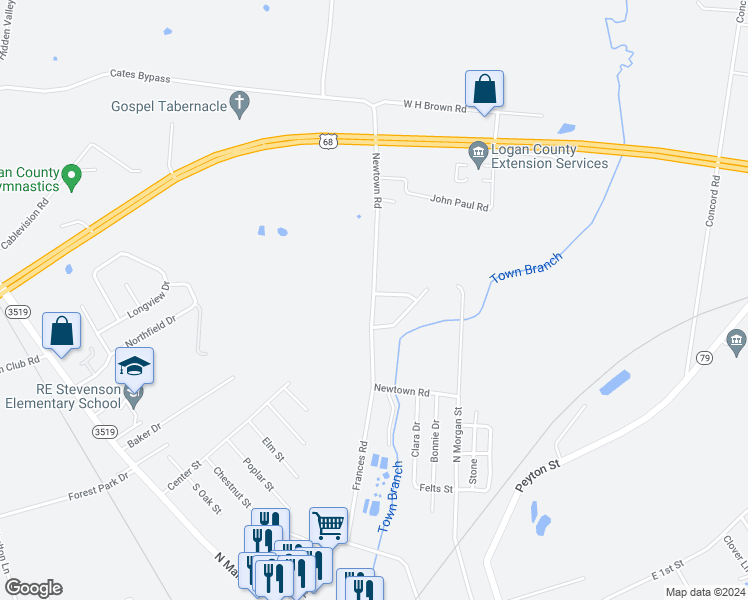map of restaurants, bars, coffee shops, grocery stores, and more near Newtown Road in Russellville