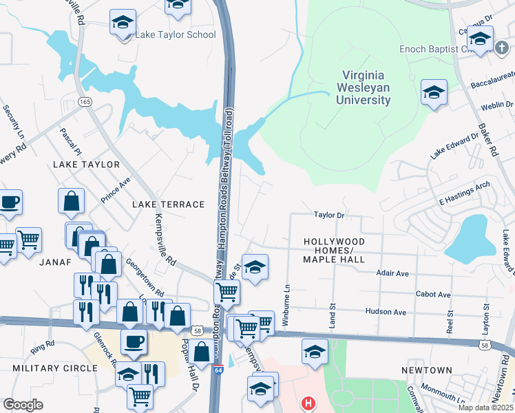 map of restaurants, bars, coffee shops, grocery stores, and more near 1238 Whaley Avenue in Norfolk