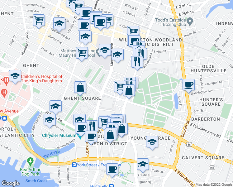 map of restaurants, bars, coffee shops, grocery stores, and more near 1216 Prince Edward Way in Norfolk