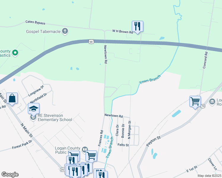 map of restaurants, bars, coffee shops, grocery stores, and more near 100-102 Creekwood Drive in Russellville