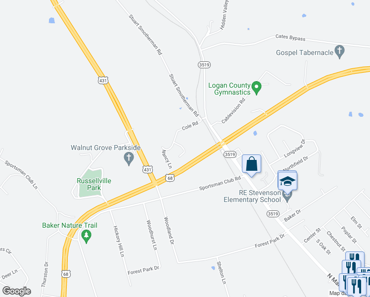 map of restaurants, bars, coffee shops, grocery stores, and more near 113 Hillwood Drive in Russellville