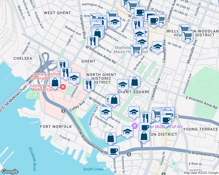 map of restaurants, bars, coffee shops, grocery stores, and more near 812 Stockley Gardens in Norfolk