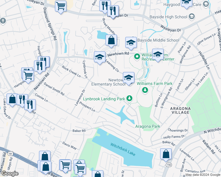 map of restaurants, bars, coffee shops, grocery stores, and more near 709 Goose Creek Court in Virginia Beach