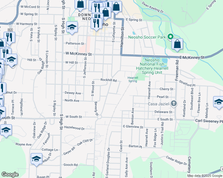 map of restaurants, bars, coffee shops, grocery stores, and more near 300-320 Robinson Ave in Neosho