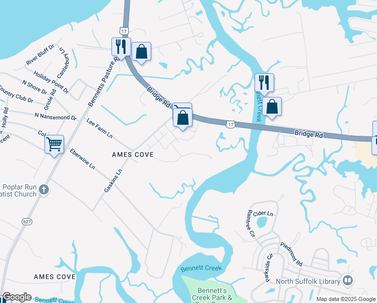map of restaurants, bars, coffee shops, grocery stores, and more near 208 Creek Front Lane in Suffolk