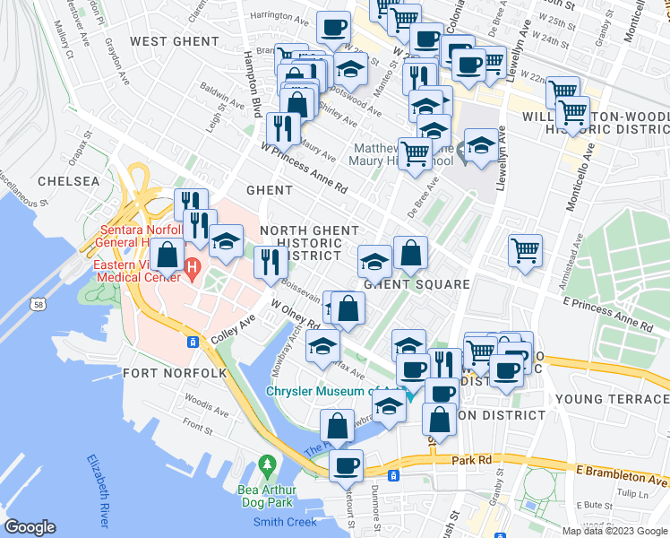 map of restaurants, bars, coffee shops, grocery stores, and more near 809 Colonial Avenue in Norfolk