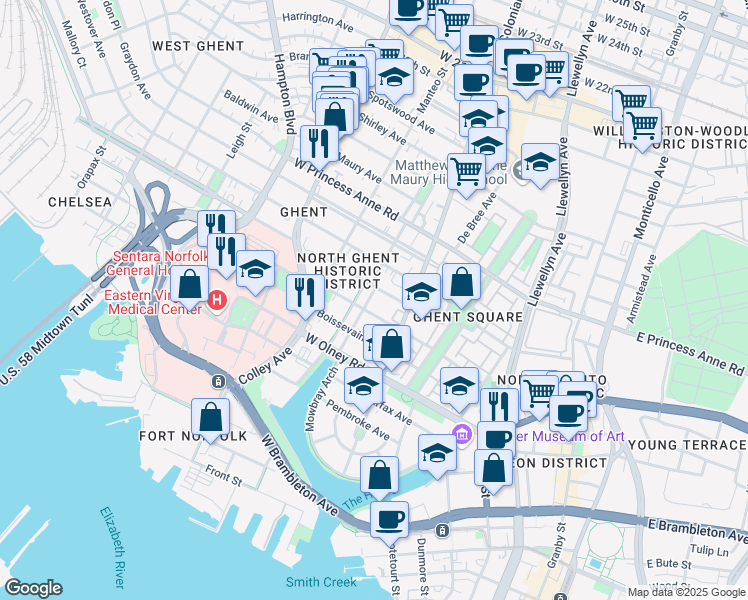 map of restaurants, bars, coffee shops, grocery stores, and more near 812 Stockley Gardens in Norfolk