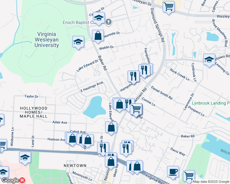 map of restaurants, bars, coffee shops, grocery stores, and more near 639 Baker Road in Virginia Beach