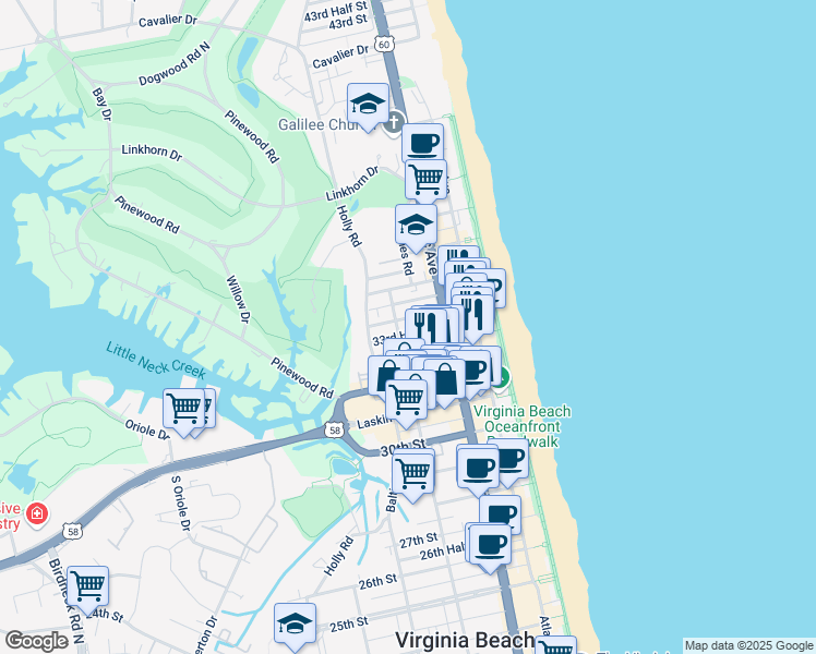 map of restaurants, bars, coffee shops, grocery stores, and more near 311 33rd Street in Virginia Beach