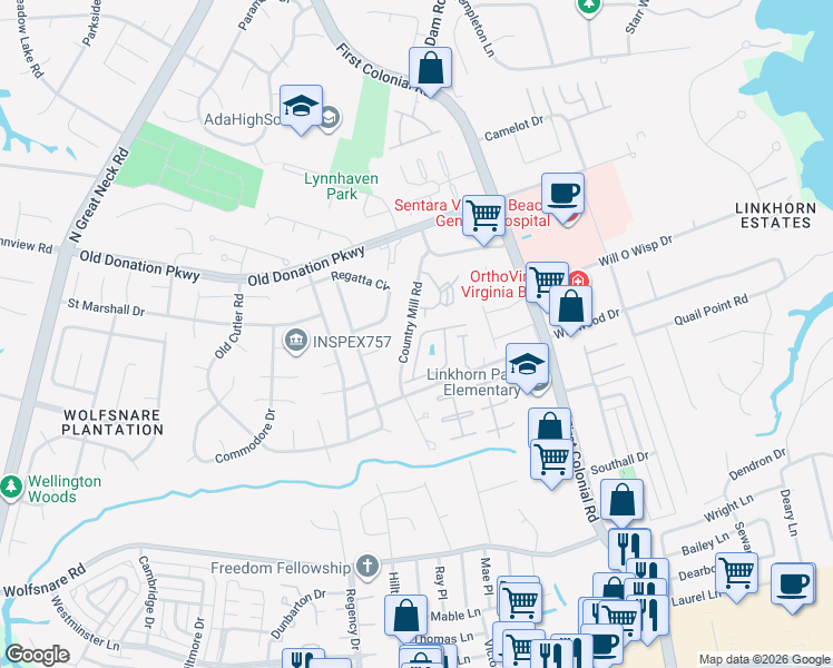 map of restaurants, bars, coffee shops, grocery stores, and more near 1014 Hanson Way in Virginia Beach