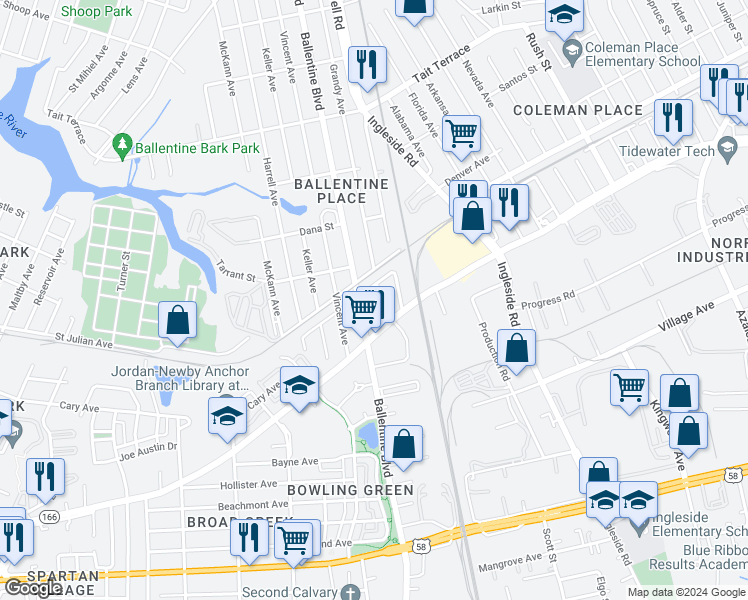 map of restaurants, bars, coffee shops, grocery stores, and more near 2126 Ballentine Boulevard in Norfolk