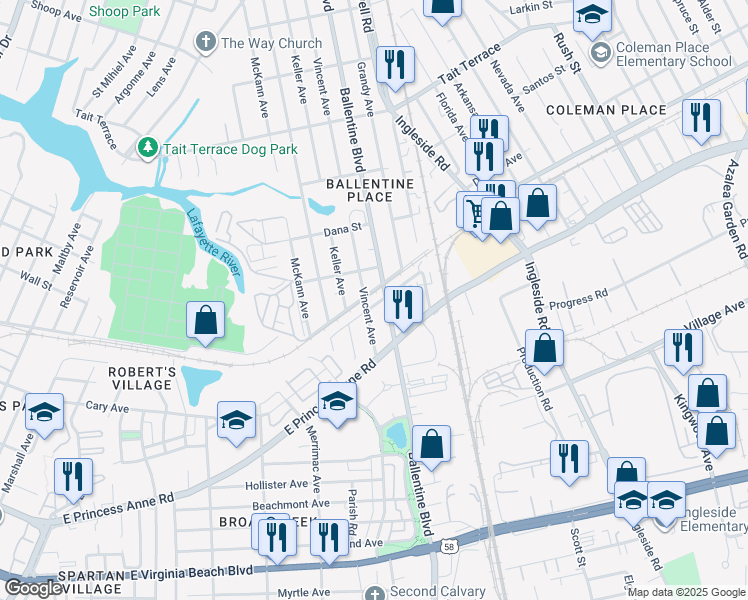 map of restaurants, bars, coffee shops, grocery stores, and more near 2149 Vincent Avenue in Norfolk