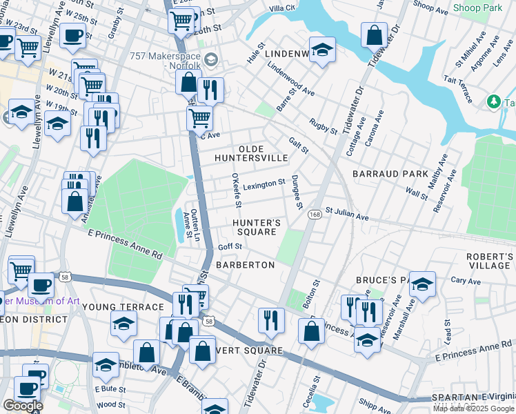 map of restaurants, bars, coffee shops, grocery stores, and more near in Norfolk