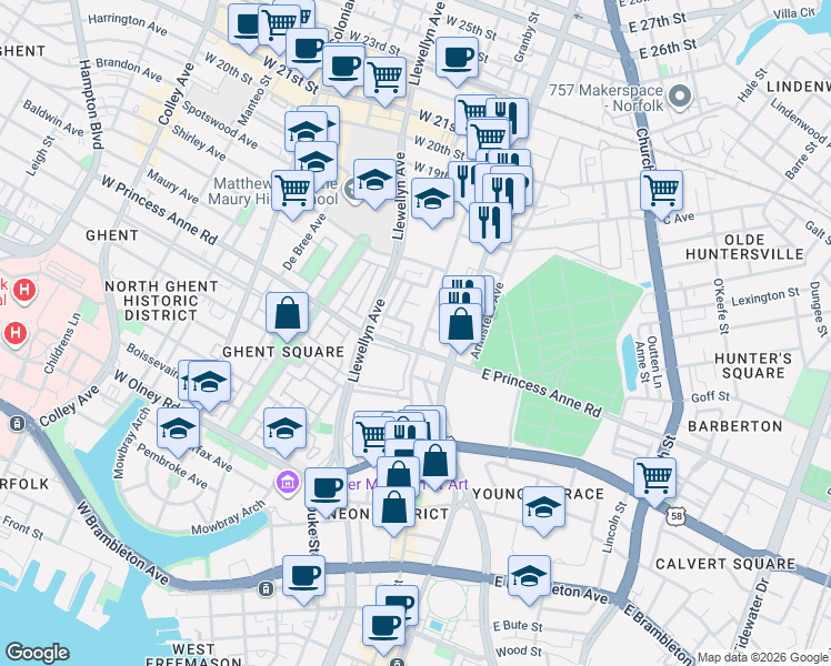 map of restaurants, bars, coffee shops, grocery stores, and more near 1201 Prince Edward Way in Norfolk