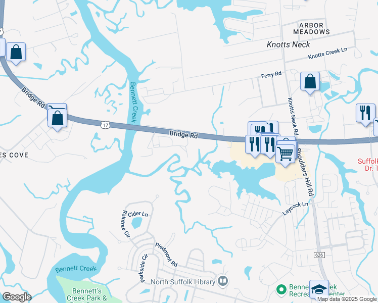 map of restaurants, bars, coffee shops, grocery stores, and more near 3345 Bridge Road in Suffolk