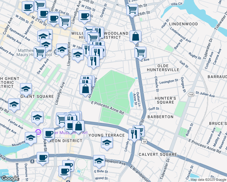 map of restaurants, bars, coffee shops, grocery stores, and more near 238 East Princess Anne Road in Norfolk