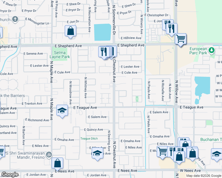 map of restaurants, bars, coffee shops, grocery stores, and more near 8615 North Chestnut Avenue in Clovis