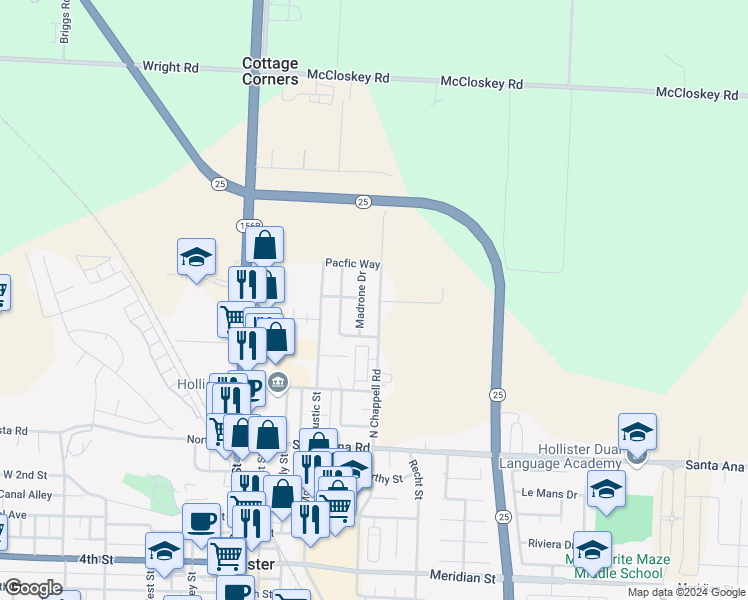 map of restaurants, bars, coffee shops, grocery stores, and more near 400 North Chappell Road in Hollister