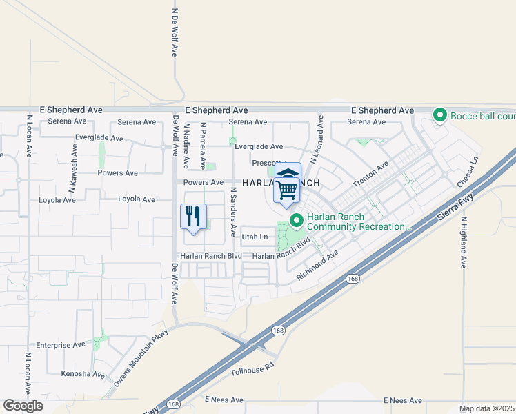 map of restaurants, bars, coffee shops, grocery stores, and more near 3650 Powers Avenue in Clovis