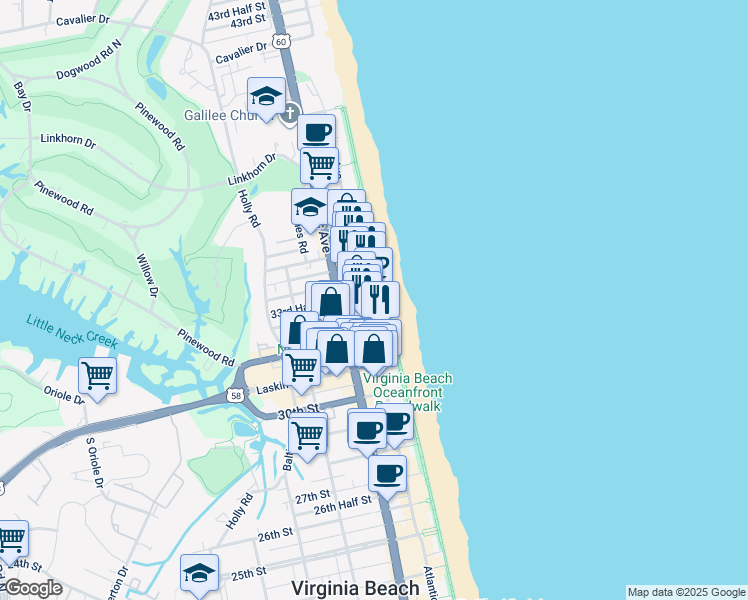 map of restaurants, bars, coffee shops, grocery stores, and more near 3301 Atlantic Avenue in Virginia Beach