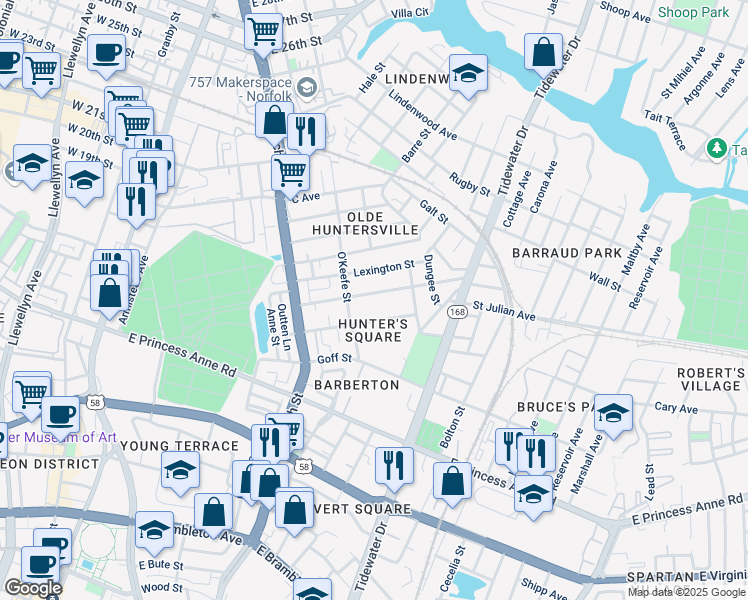 map of restaurants, bars, coffee shops, grocery stores, and more near in Norfolk