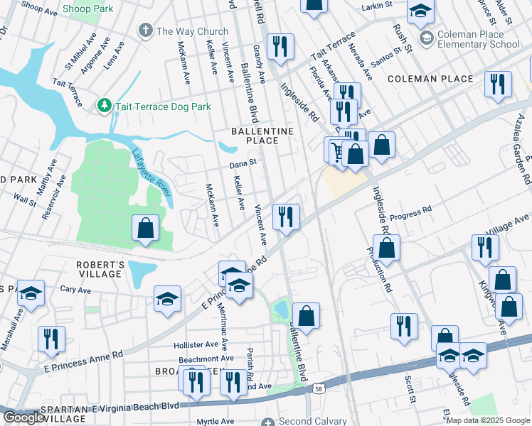 map of restaurants, bars, coffee shops, grocery stores, and more near 3000 South Cape Henry Avenue in Norfolk