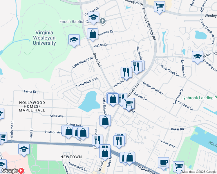 map of restaurants, bars, coffee shops, grocery stores, and more near 639 Baker Road in Virginia Beach