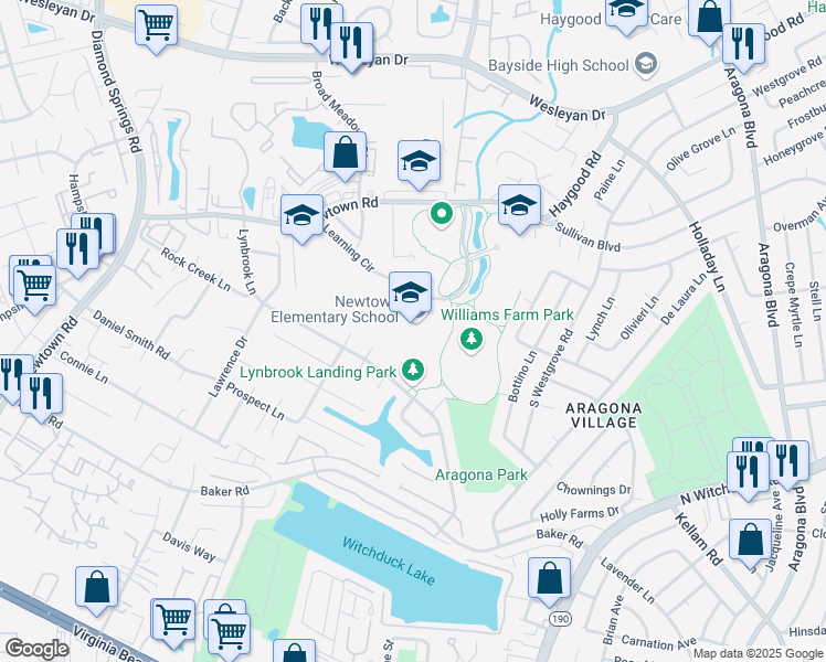 map of restaurants, bars, coffee shops, grocery stores, and more near 5277 Learning Circle in Virginia Beach