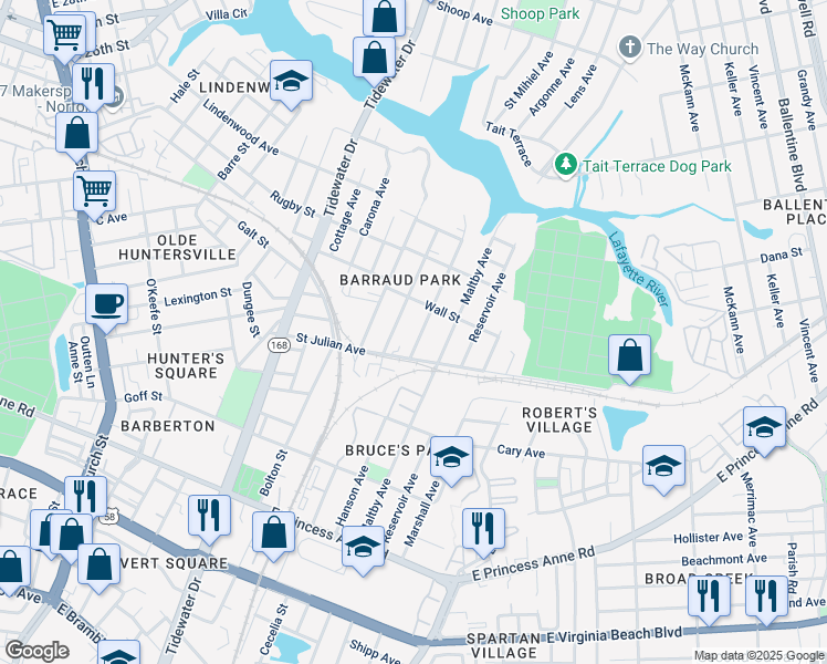 map of restaurants, bars, coffee shops, grocery stores, and more near 2214 Hanson Avenue in Norfolk