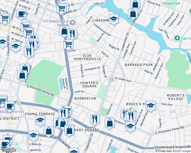 map of restaurants, bars, coffee shops, grocery stores, and more near 879 Washington Avenue in Norfolk