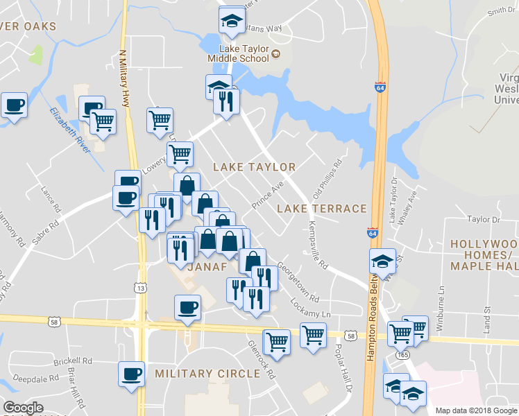 map of restaurants, bars, coffee shops, grocery stores, and more near 1156 Janaf Place in Norfolk