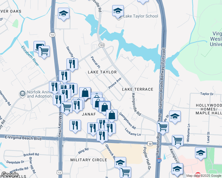 map of restaurants, bars, coffee shops, grocery stores, and more near 1156 Janaf Place in Norfolk