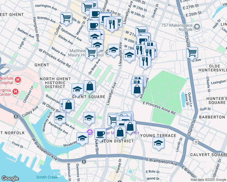 map of restaurants, bars, coffee shops, grocery stores, and more near 1200 Llewellyn Avenue in Norfolk