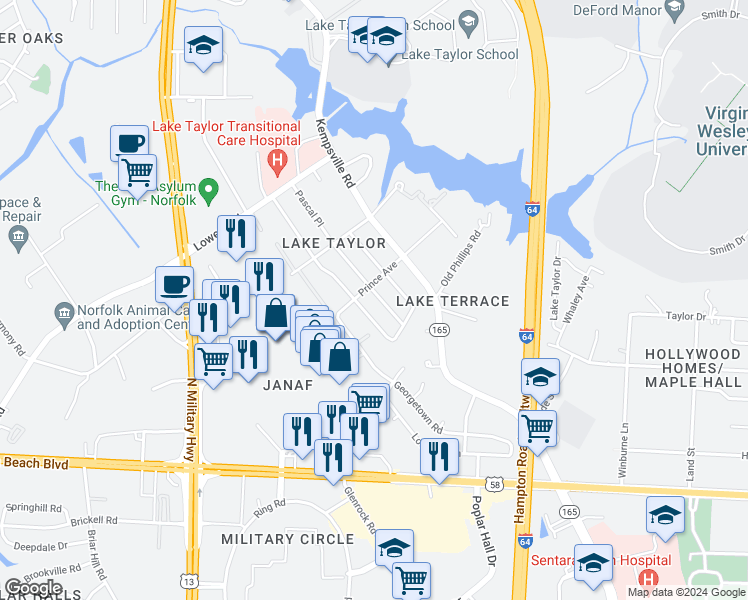 map of restaurants, bars, coffee shops, grocery stores, and more near 1153 Pascal Place in Norfolk