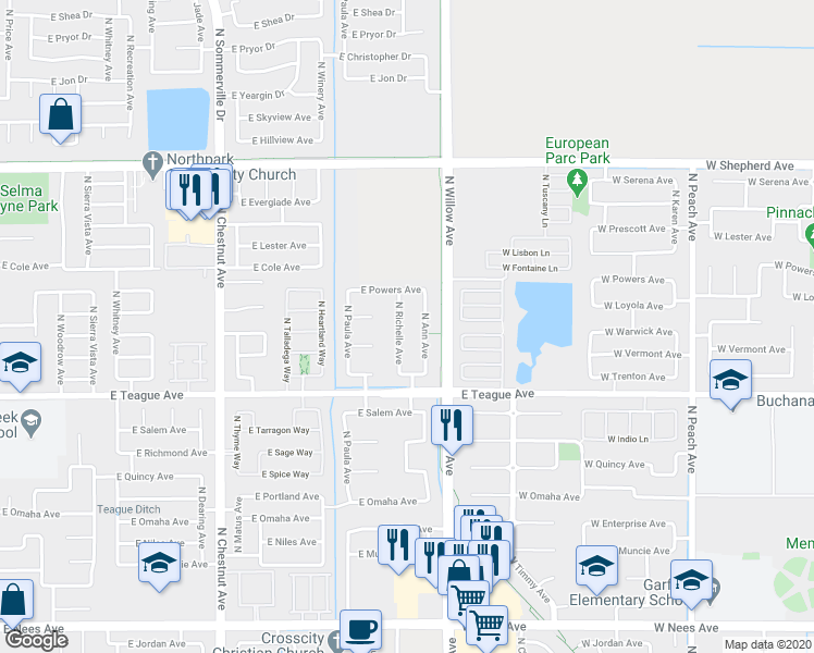 map of restaurants, bars, coffee shops, grocery stores, and more near 8634 North Richelle Avenue in Fresno