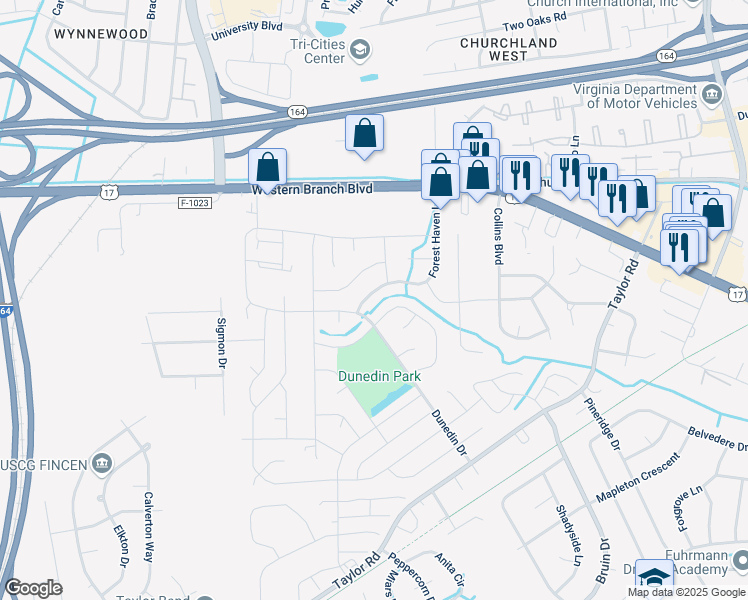 map of restaurants, bars, coffee shops, grocery stores, and more near 3513 Forest Haven Lane in Chesapeake