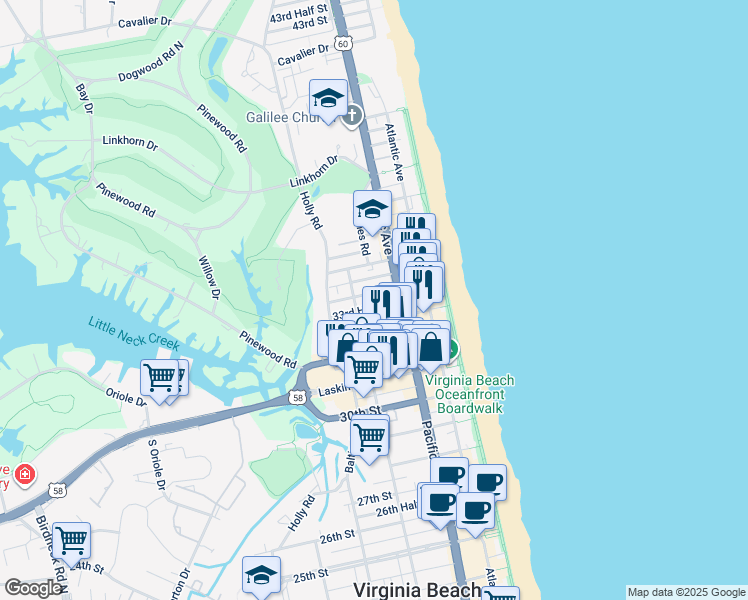 map of restaurants, bars, coffee shops, grocery stores, and more near 312 34th Street in Virginia Beach