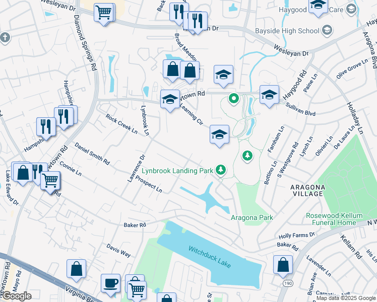 map of restaurants, bars, coffee shops, grocery stores, and more near 713 Goose Creek Court in Virginia Beach