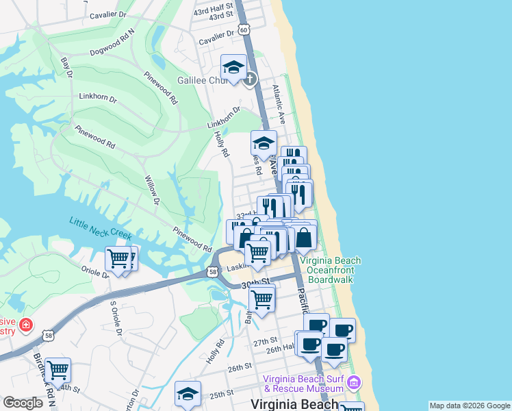map of restaurants, bars, coffee shops, grocery stores, and more near 311 33rd Street in Virginia Beach