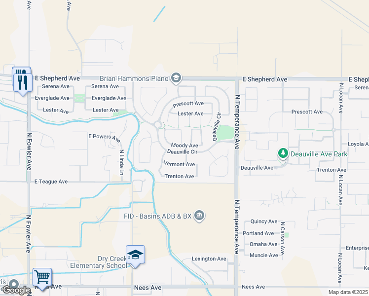 map of restaurants, bars, coffee shops, grocery stores, and more near 2410 Deauville Circle in Clovis